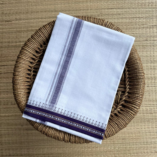 Premium White Single Dhothi Violet Border