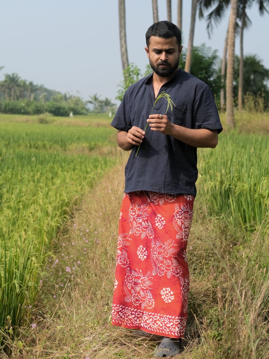 Batik Handprinted Pure Cotton Lungi Stitching Material Bright Red