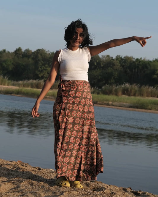 Batik Hand Crafted Cotton Wrap Around / Full Skirt (Brown & Flowers)