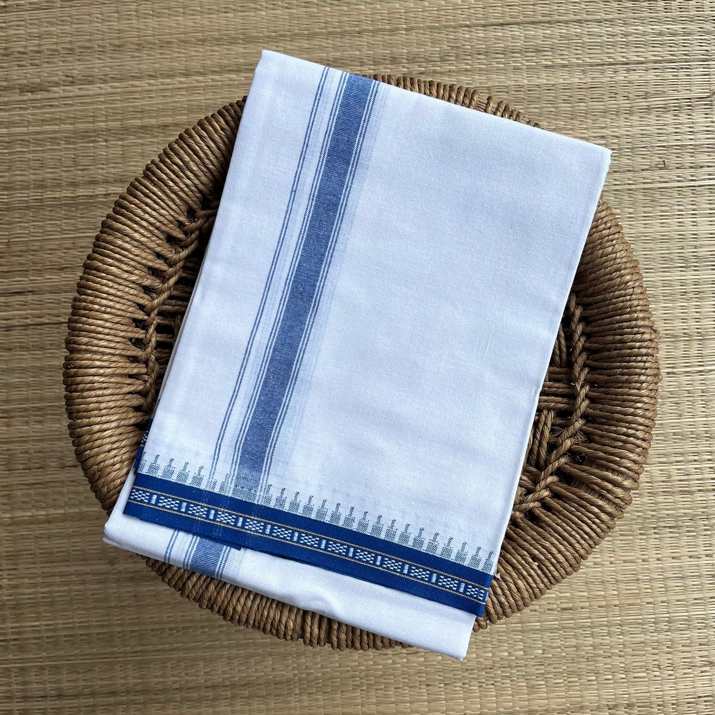 Premium White Single Dhothi Royal Blue Border