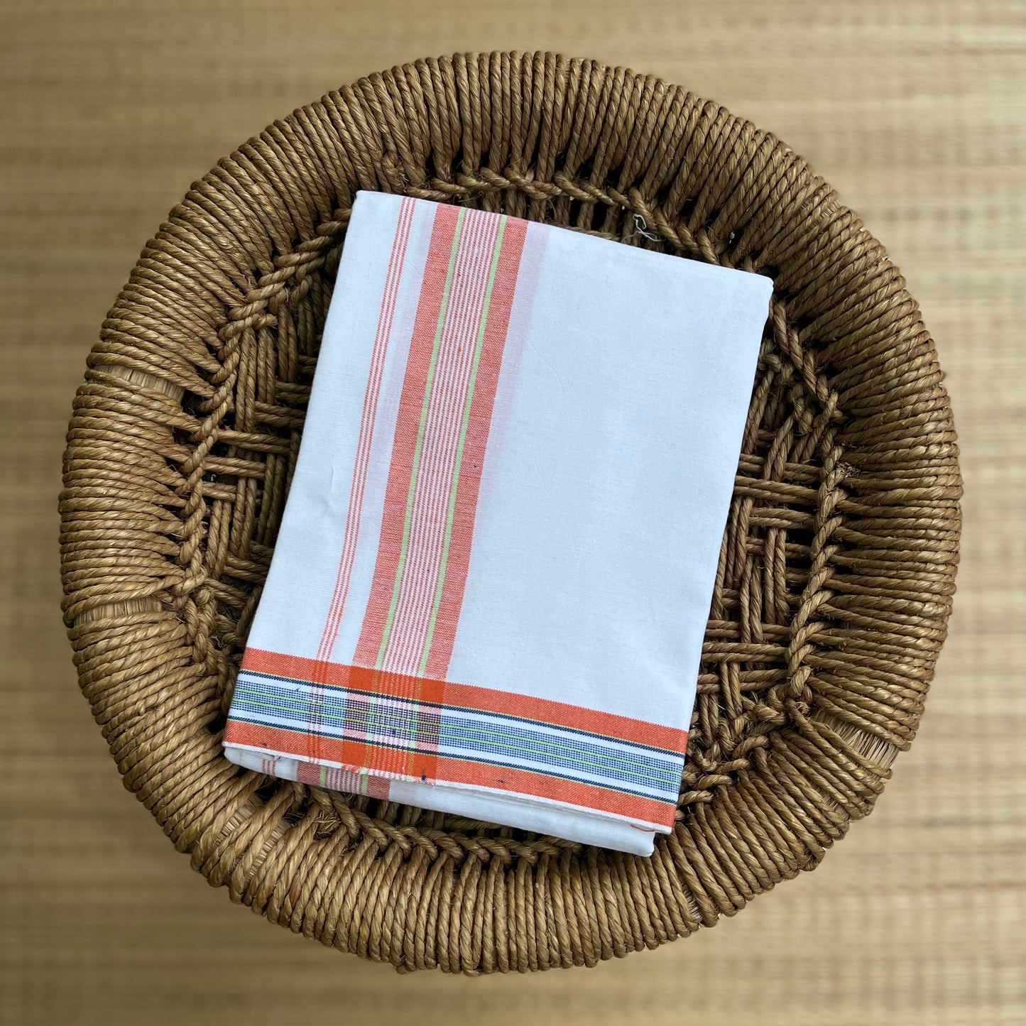 Pure White Mundu with Orange Border Veshti / Lungi / Dhothi