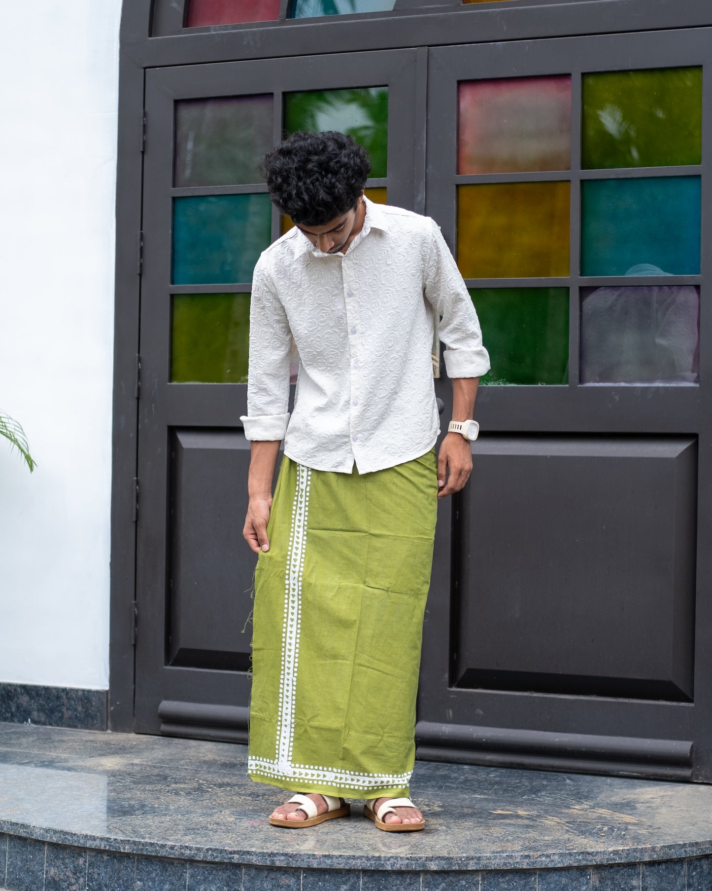 Batik Hand Printed Lungi Classy Border (Green)