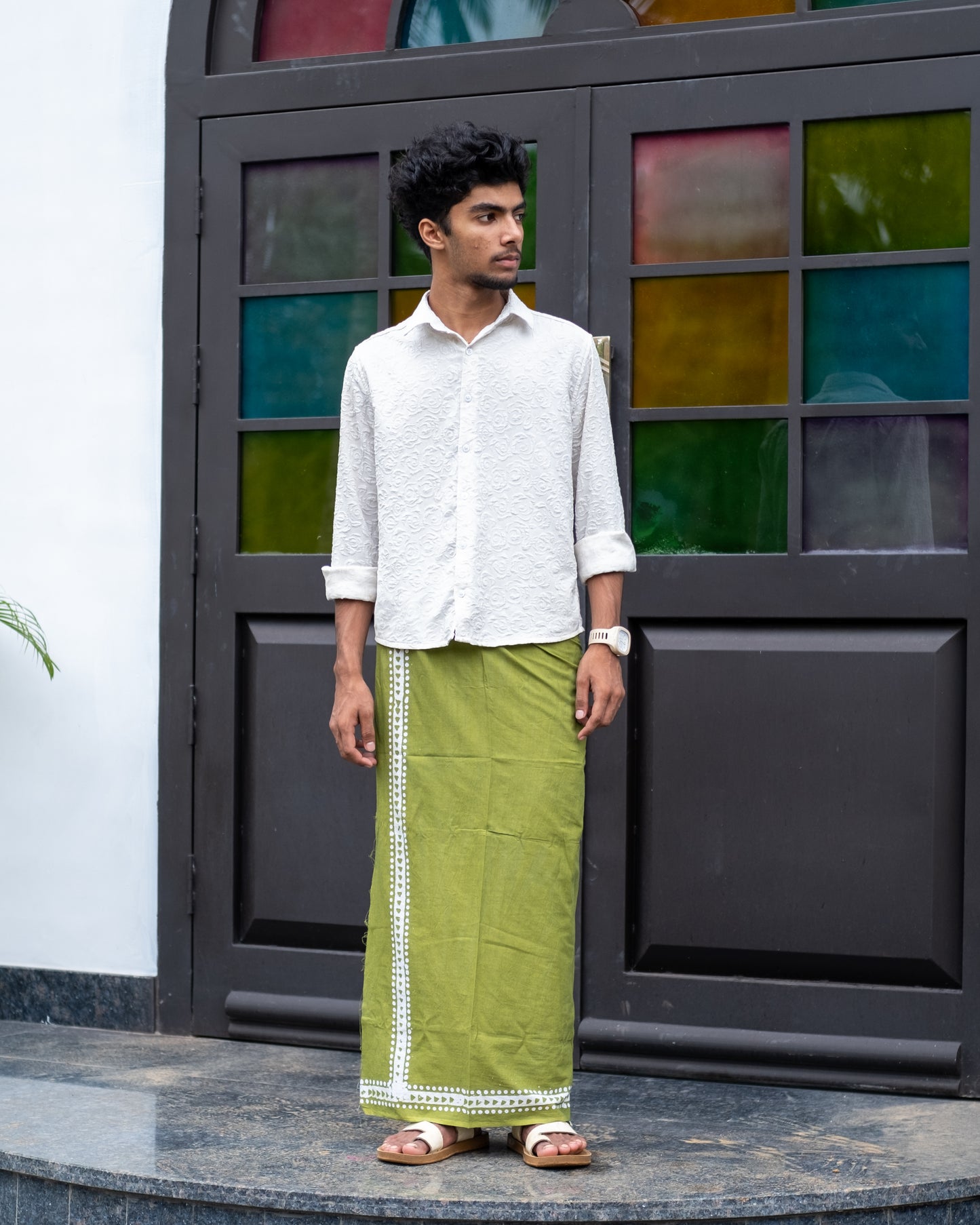 Batik Hand Printed Lungi Classy Border (Green)