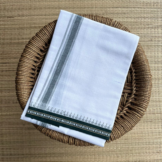 Premium White Single Dhothi Dark Green Border