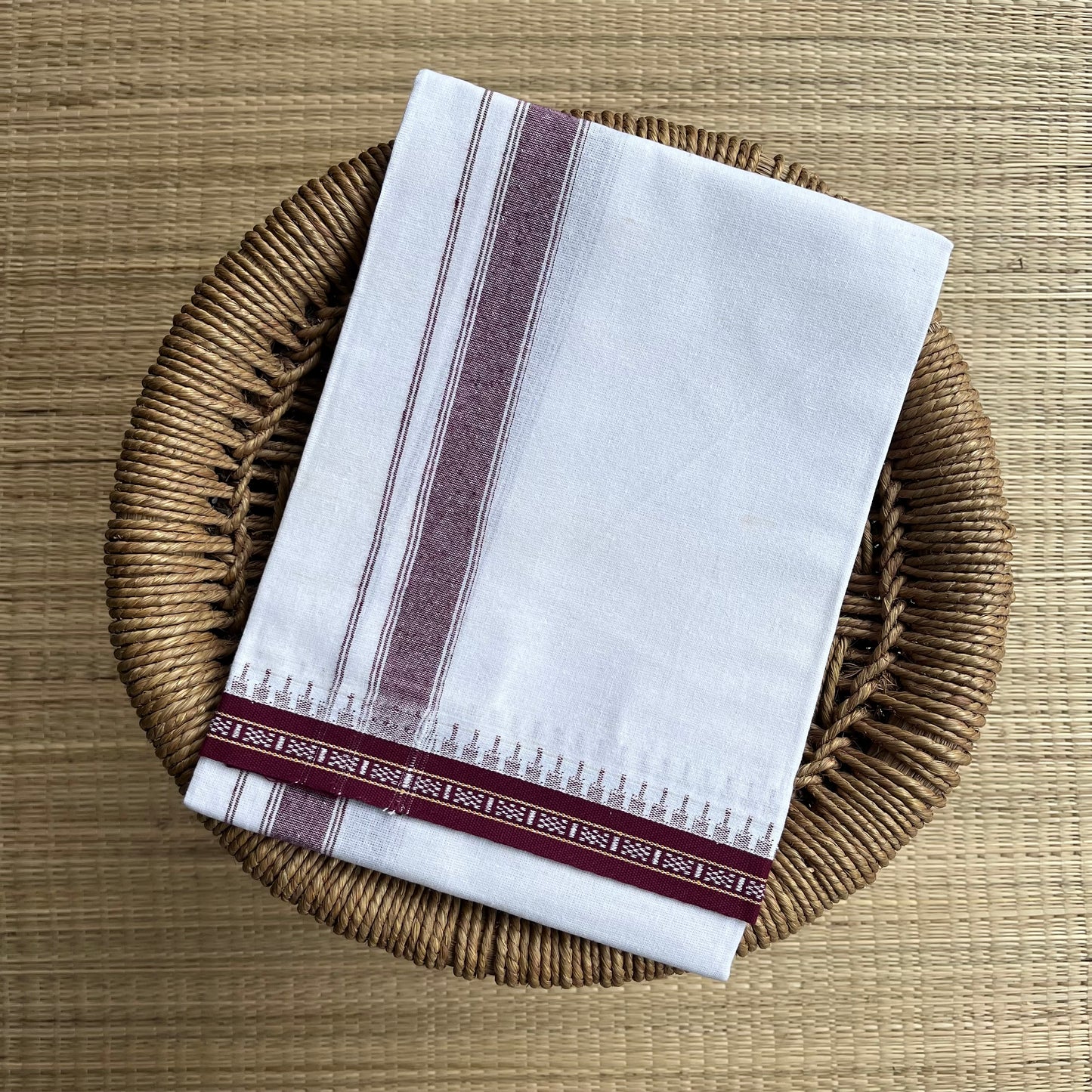 Premium White Single Dhothi Maroon Border