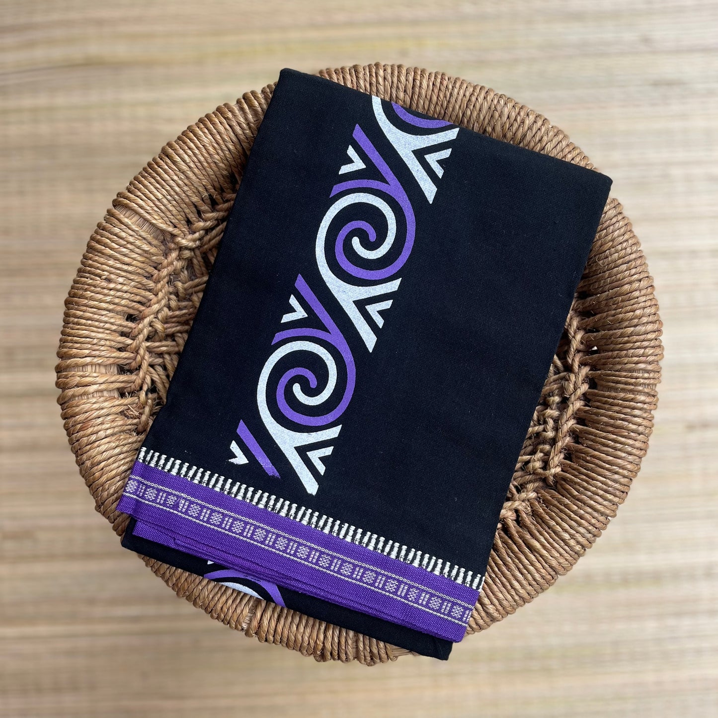 Churuli Printed Premium Black Dhoti (White & Purple Border)