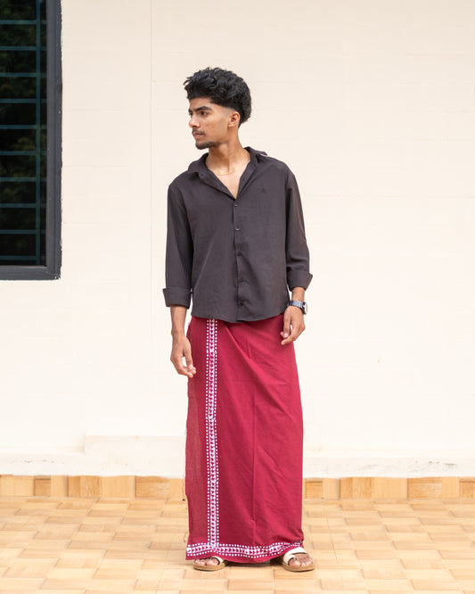 Batik Hand Printed Lungi Classy Border (Maroon)