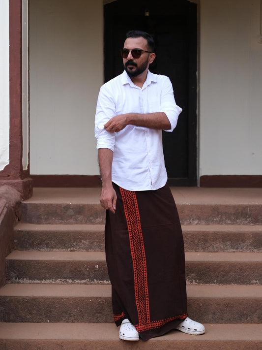 Batik Hand Printed Bombay Lungi (Brown Orange border )