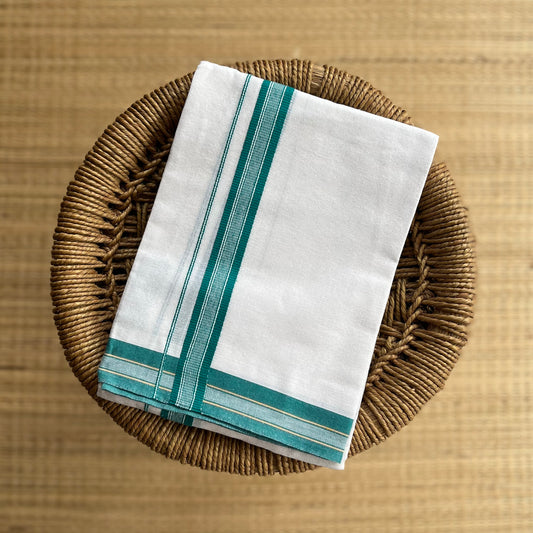 White Mundu / வெள்ளை வேஷ்டி Cyan Border