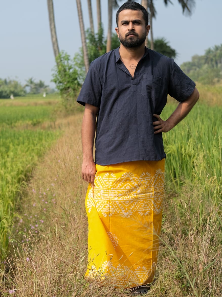 Batik Handprinted Pure Cotton Lungi / Stitching Material (Yellow)