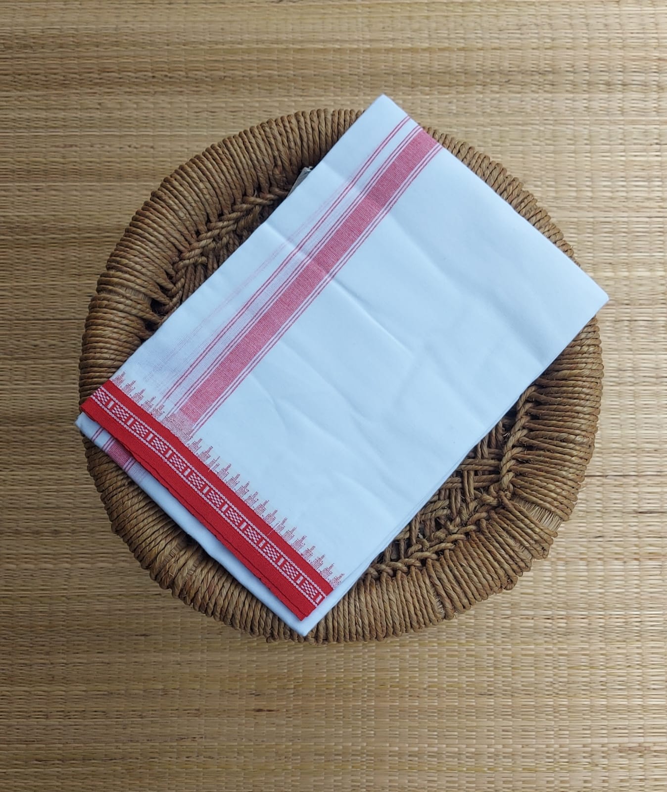 Premium White Single Dhothi Red Border